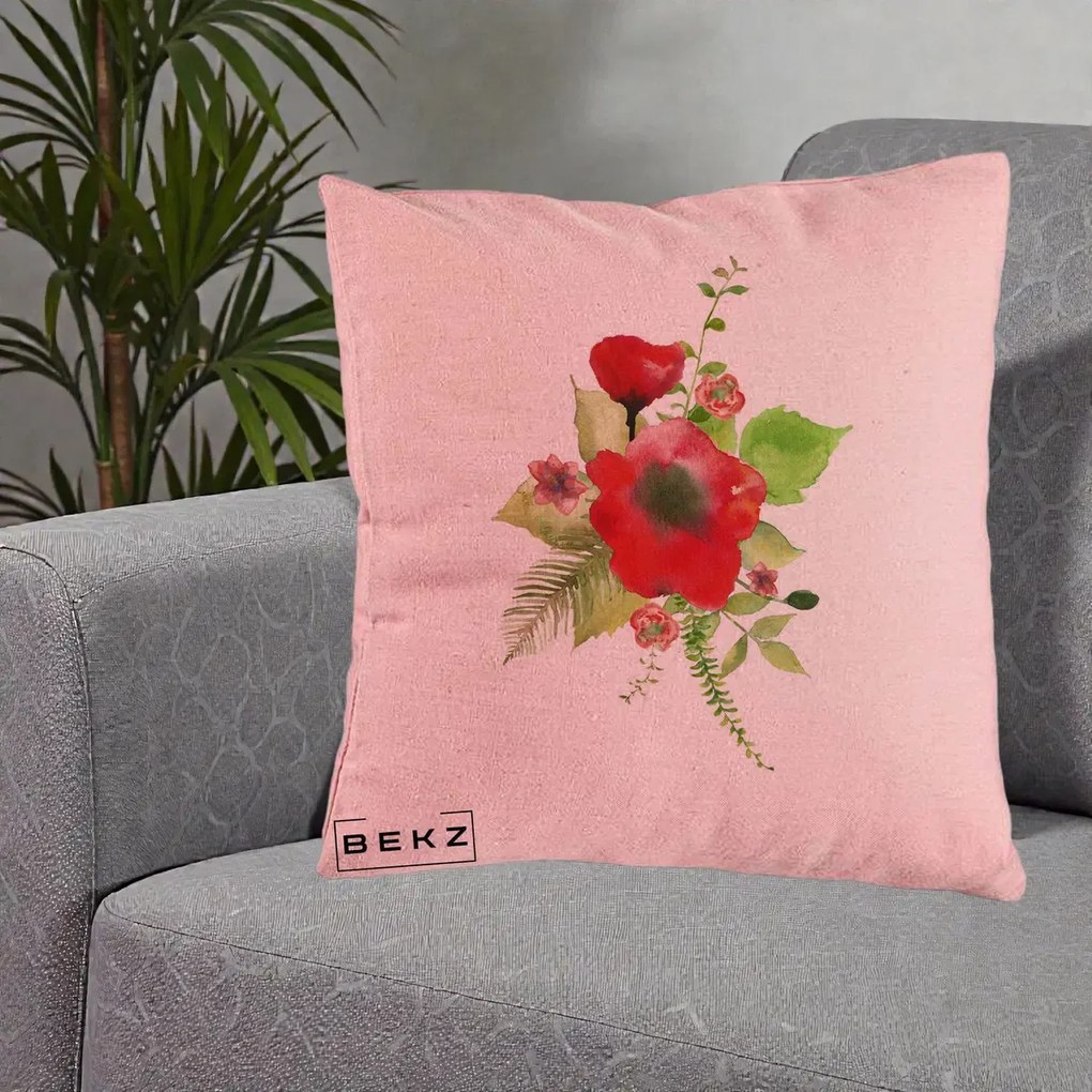 Perna Decorativa Buchet Rosu Acuarela, 40x40 cm, Roz, Husa Detasabila, Perna Inclusa, BEKZ®