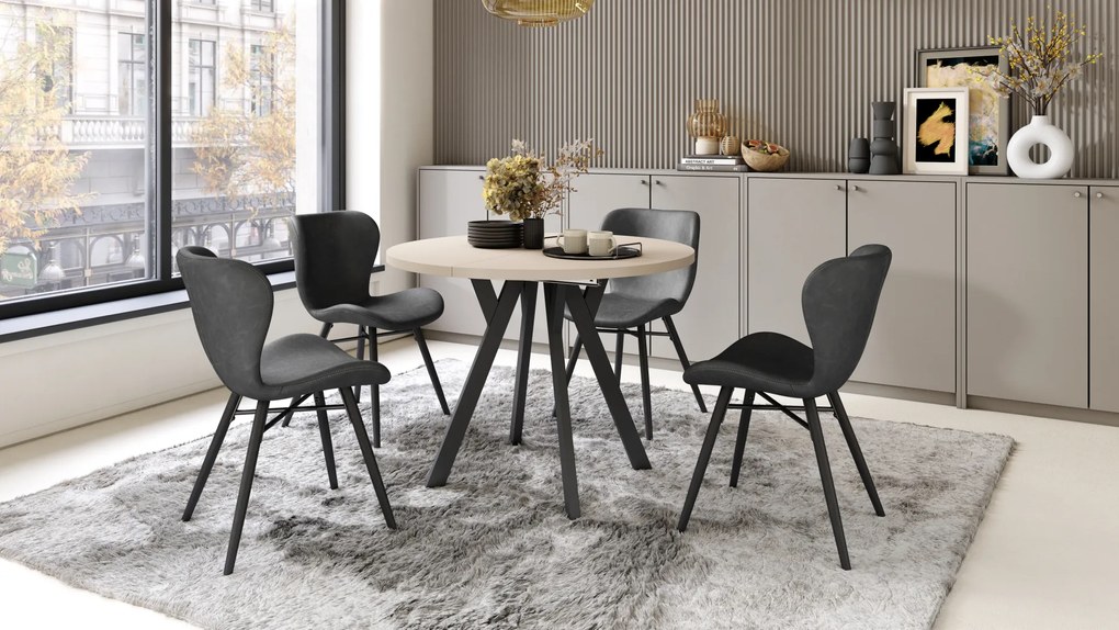 Mazzoni ALMO Bej/picioare negre - MASĂ ROTUNDĂ EXTENSIBILĂ CU PICIOARE ÎN FORMĂ DE Y STIL LOFT PENTRU SALON/SUFRAGERIE