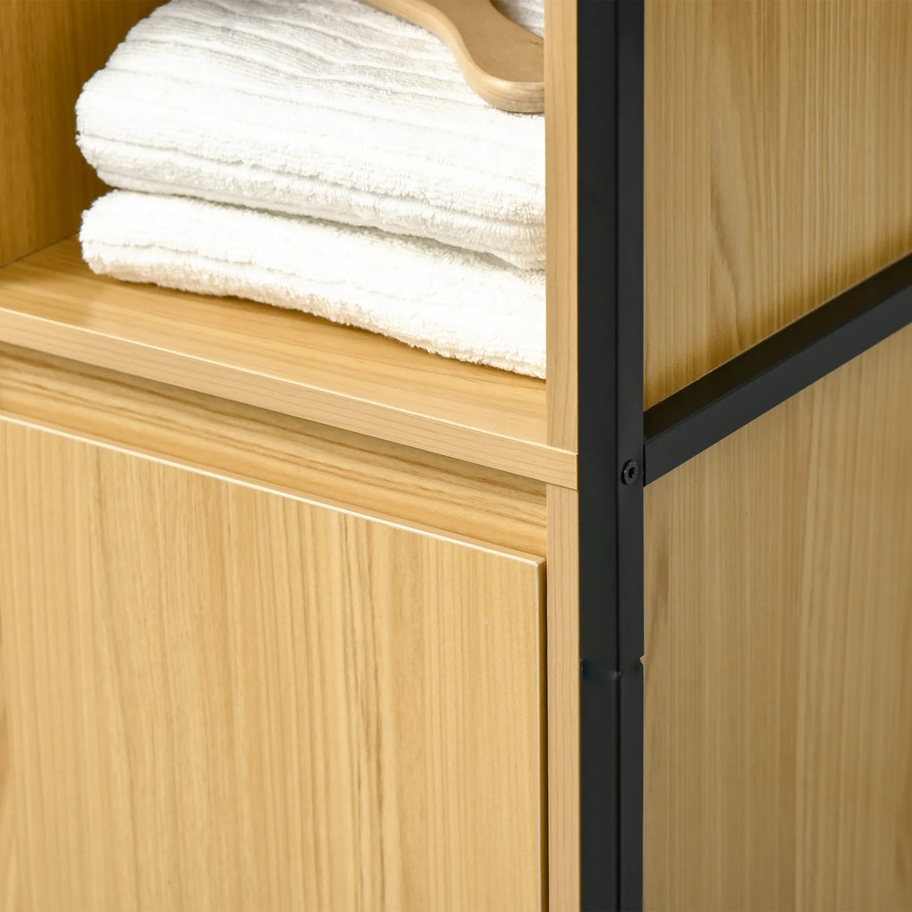 Kleankin Dulap Înalt de Baie Multifuncțional, Design Modern Negru și Natural | Aosom Romania