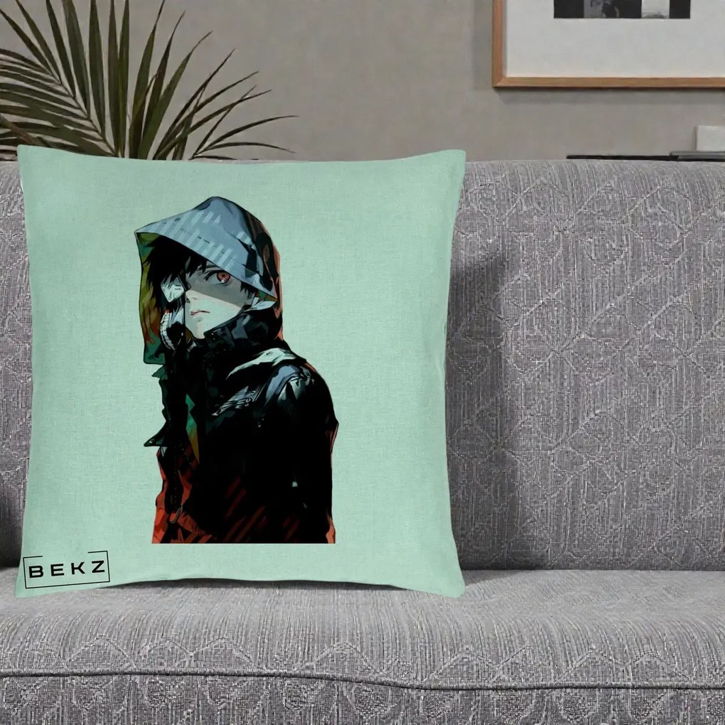 Perna Personalizata Tokyo Ghoul Ken Kaneki cu Masca si Gluga, 40x40 cm, Verde Menta, Husa Detasabila, Perna Inclusa, BEKZ®