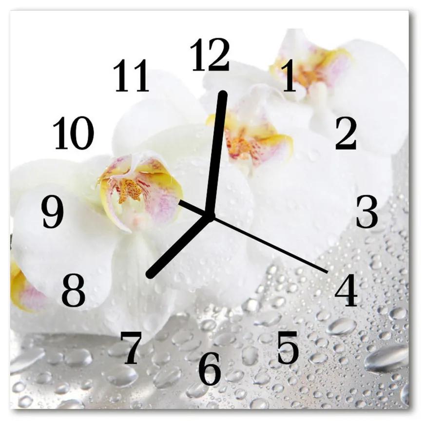 Ceas de perete din sticla pătrat Orhidee flori albe