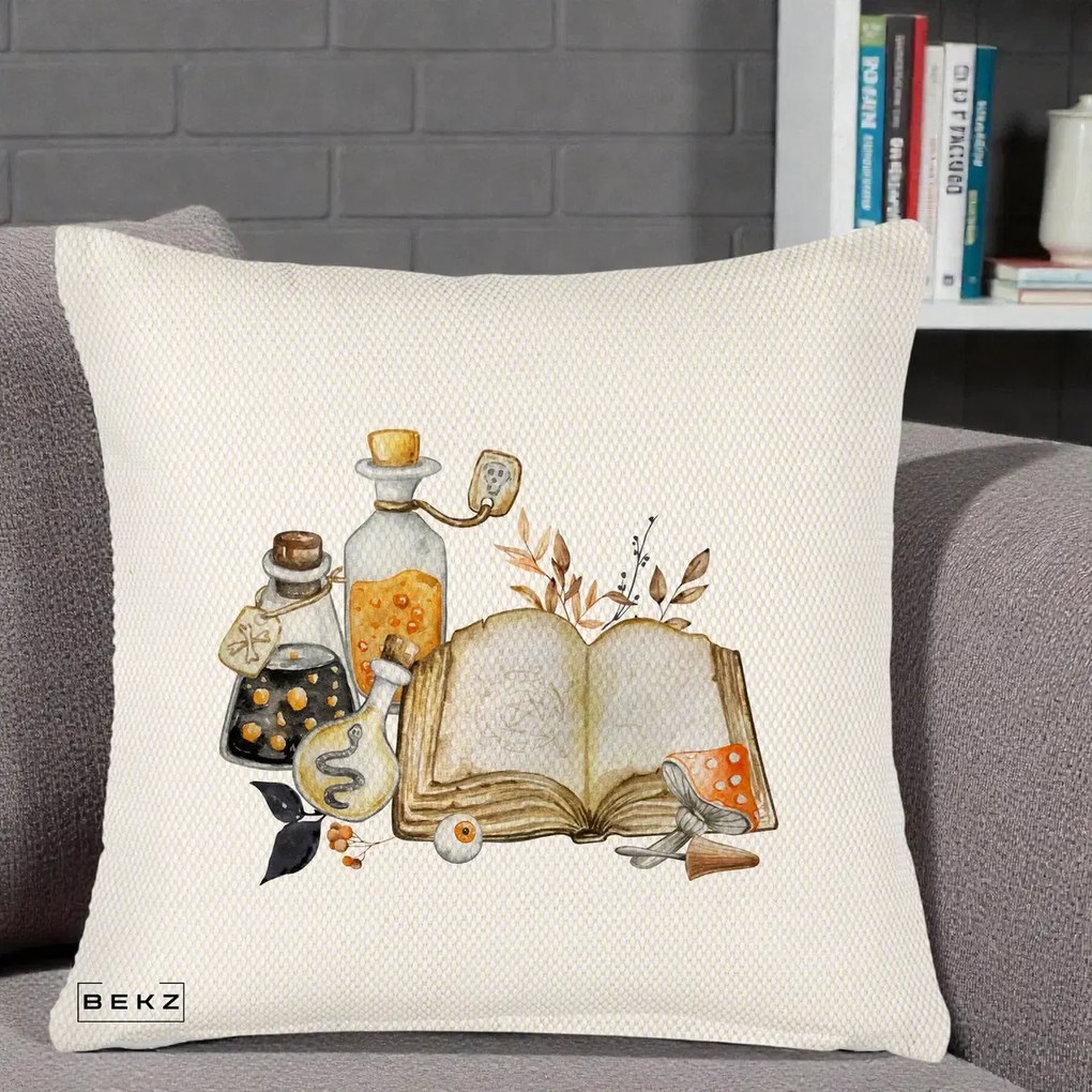 Perna Decorativa Grimoire Vrajitoare si Filtre Magice Halloween, 40x40 cm, Crem Reliefat, Husa Detasabila, Perna Inclusa, BEKZ®
