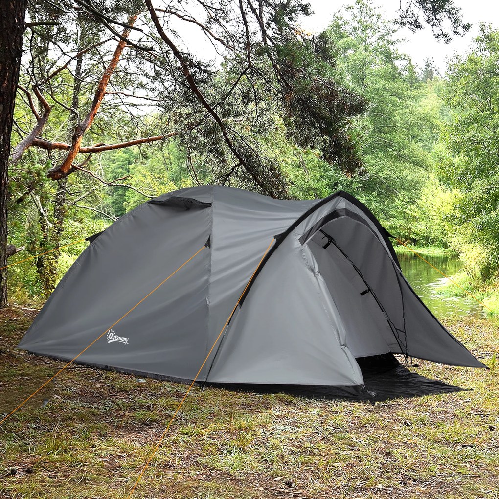 Outsunny Cort Camping Impermeabil 4 Locuri Impermeabil cu Vestibul, Ferestre si Usi cu fermoar, 325x183x130cm Gri | Aosom Romania