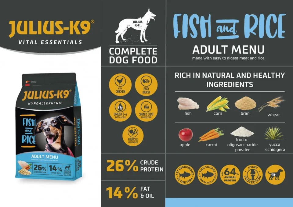 Julius K9 Adult - Hrana uscata super-premium, hipoalergenica - Peste si Orez - 12kg