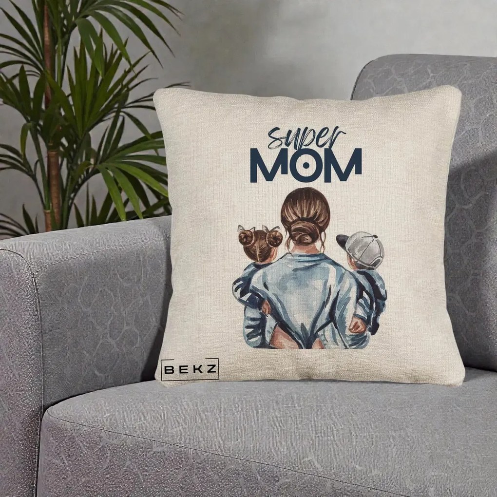 Cadou pentru Mama - Perna Personalizata Super Mom, 40x40 cm, Bej Canapea, Husa Detasabila, Perna Inclusa, BEKZ®