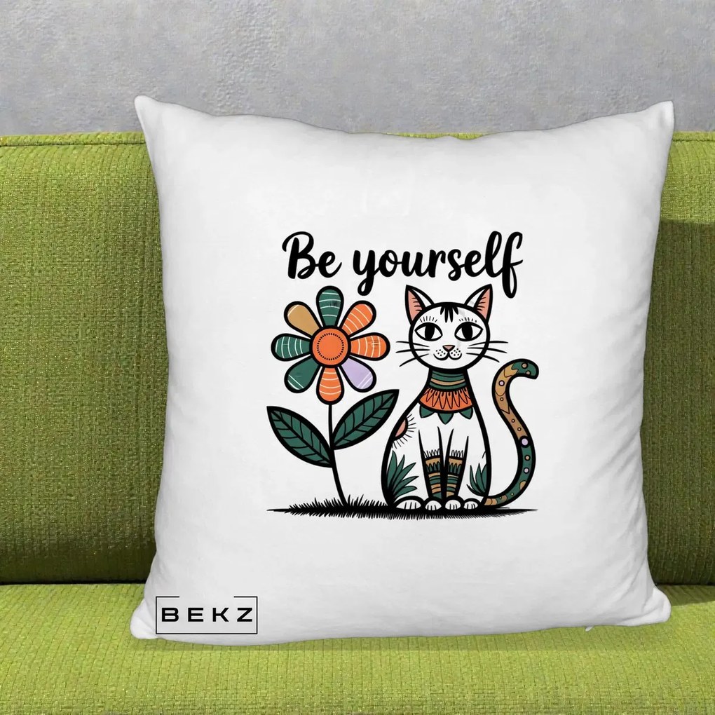 Perna Personalizata Be Yourself Pisica Folk, 40x40 cm, Alb Pufos, Husa Detasabila, Perna Inclusa, BEKZ®
