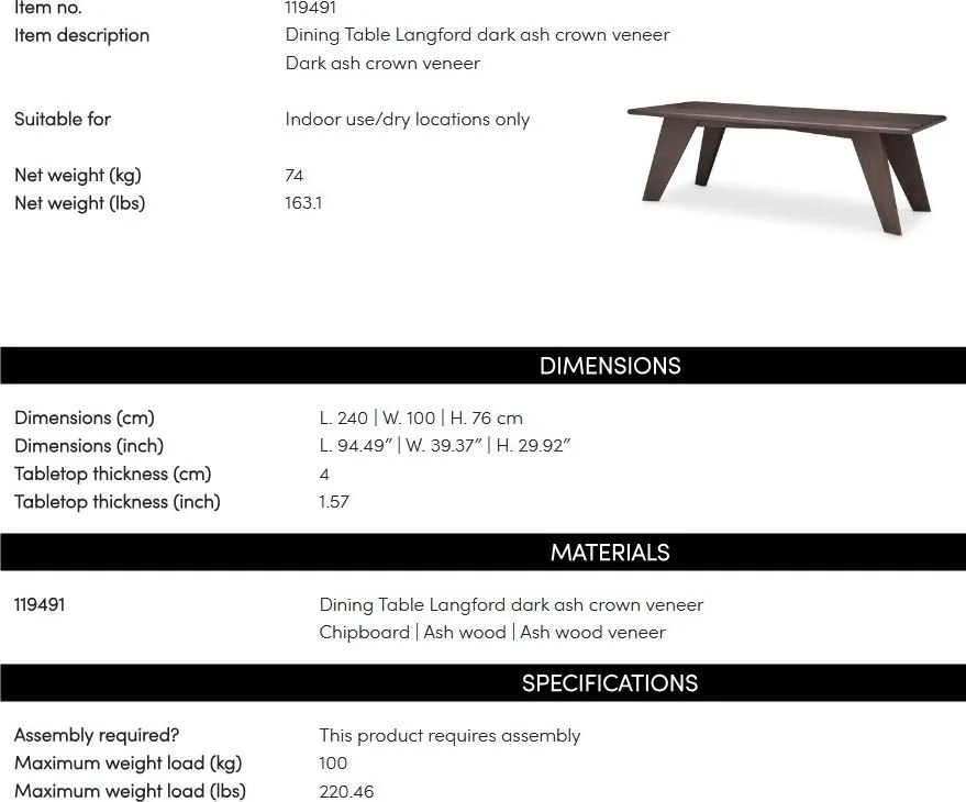 Masa dining design LUX Langford 240x100cm
