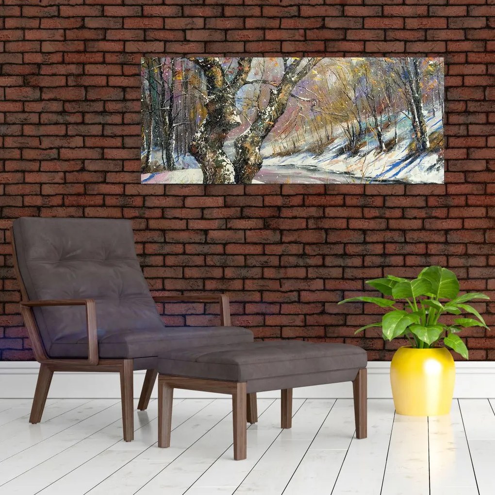 Tablou cu peisaj de iarnă pictat (120x50 cm)