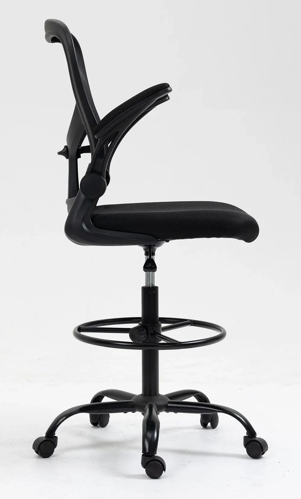 RESIGILAT-Scaun ergonomic de lucru, cotiere rabatabile, suport lombar, rotativ, înaltime reglabila, inel de sprijin pentru picioare, spatar mesh, Negru