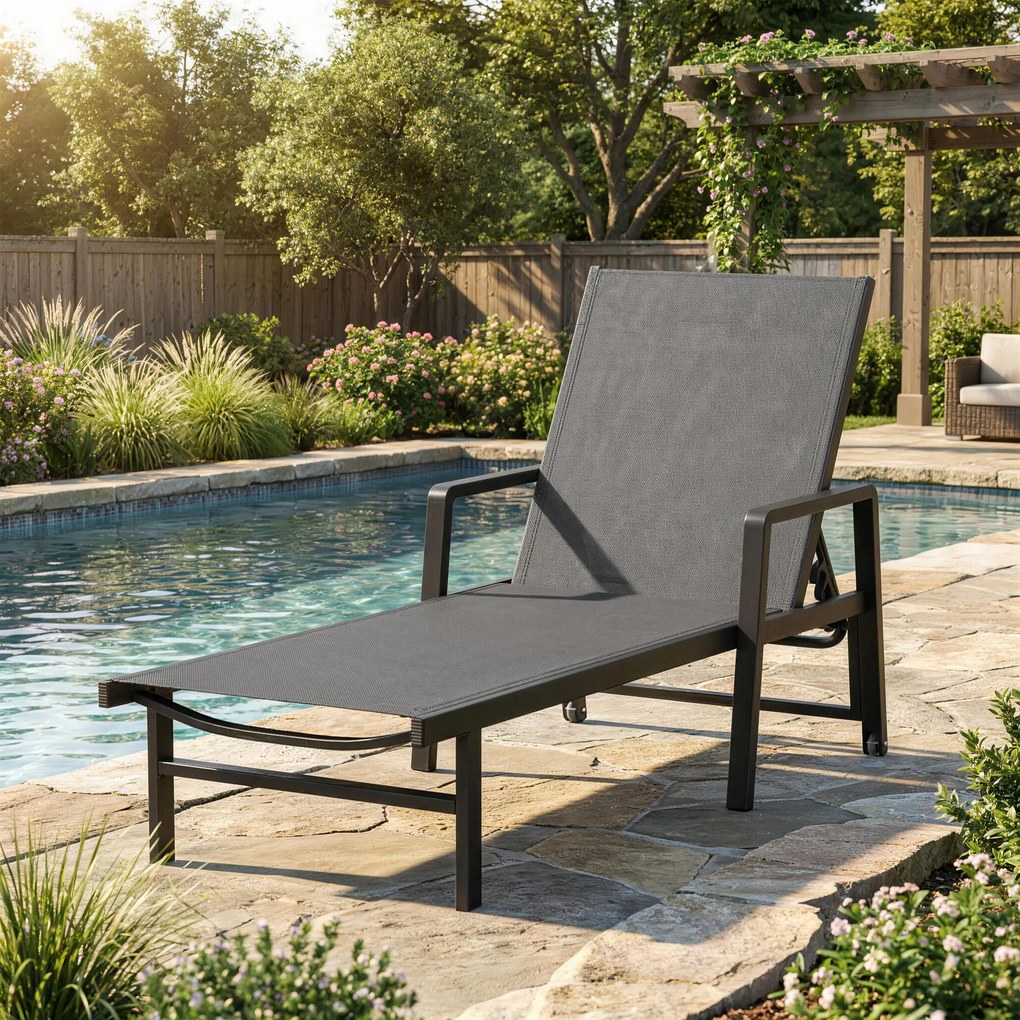 Outsunny Șezlong de grădină din textilenă și aluminiu, reglabil în 4 poziții cu roți și brațere, 65x189x80cm, Gri închis | Aosom Romania
