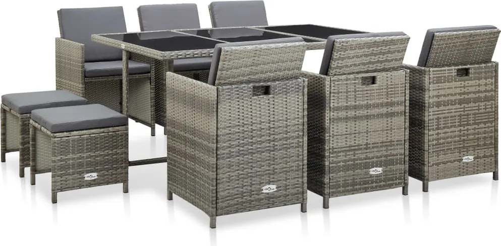 vidaXL Set mobilier de exterior cu perne, 11 piese, gri, poliratan