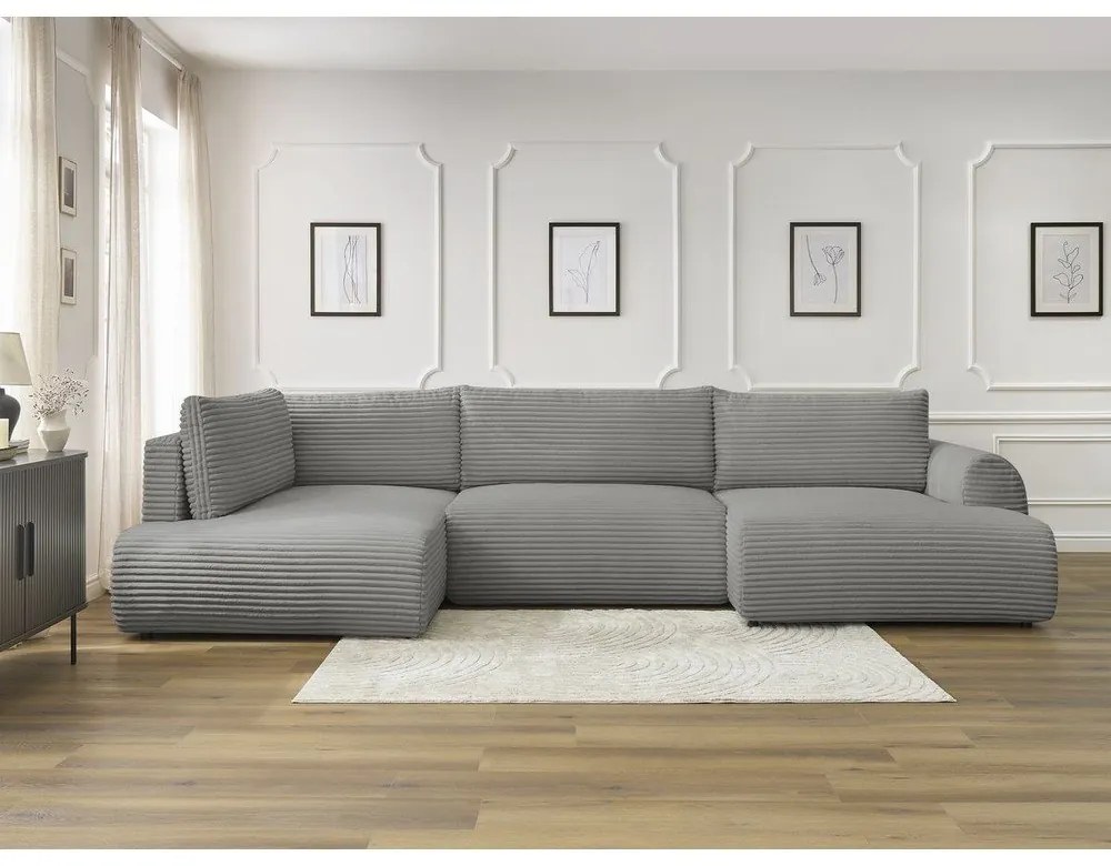 Colțar gri închis extensibil/cu spațiu de depozitare cu tapițerie din catifea reiată (cu colț pe partea stângă/în formă de "U") Lucien – Bobochic Paris