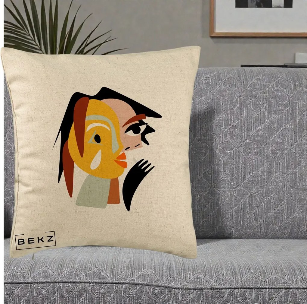 Perna Decorativa Portret Abstract Galben-Ocru, 40x40 cm, Bej, Husa Detasabila, Perna Inclusa, BEKZ®