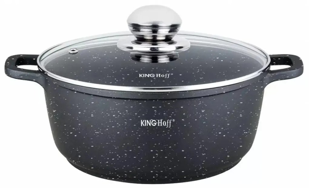 Oală cu capac 24 cm, 4.5L – Kinghoff KH 1595, strat de marmură, culoare neagră, pentru gătit zilnic, plite și inducție