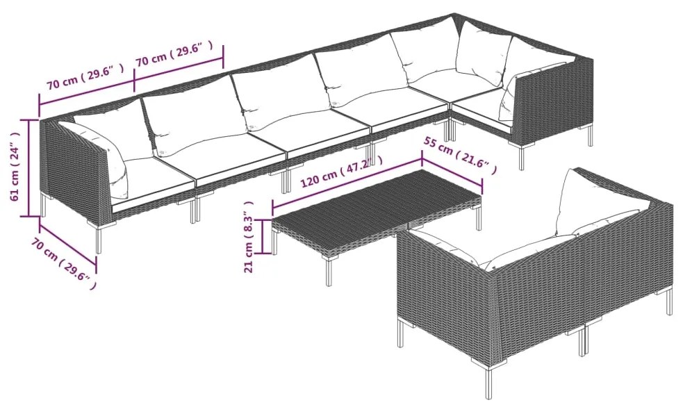 Set mobilier de gradina cu perne 9 piese gri inchis poliratan 5x colt + 3x mijloc + masa, 1