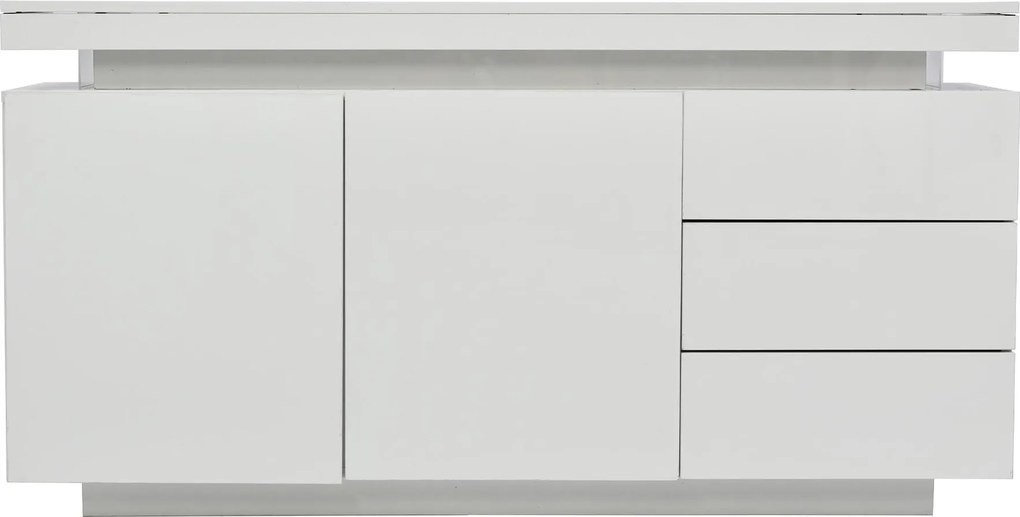 Comodă modernă cu finisaj lucios, fronturi fără mânere, 2 uși și 3 sertare, 140x35x72,5 cm, Alb