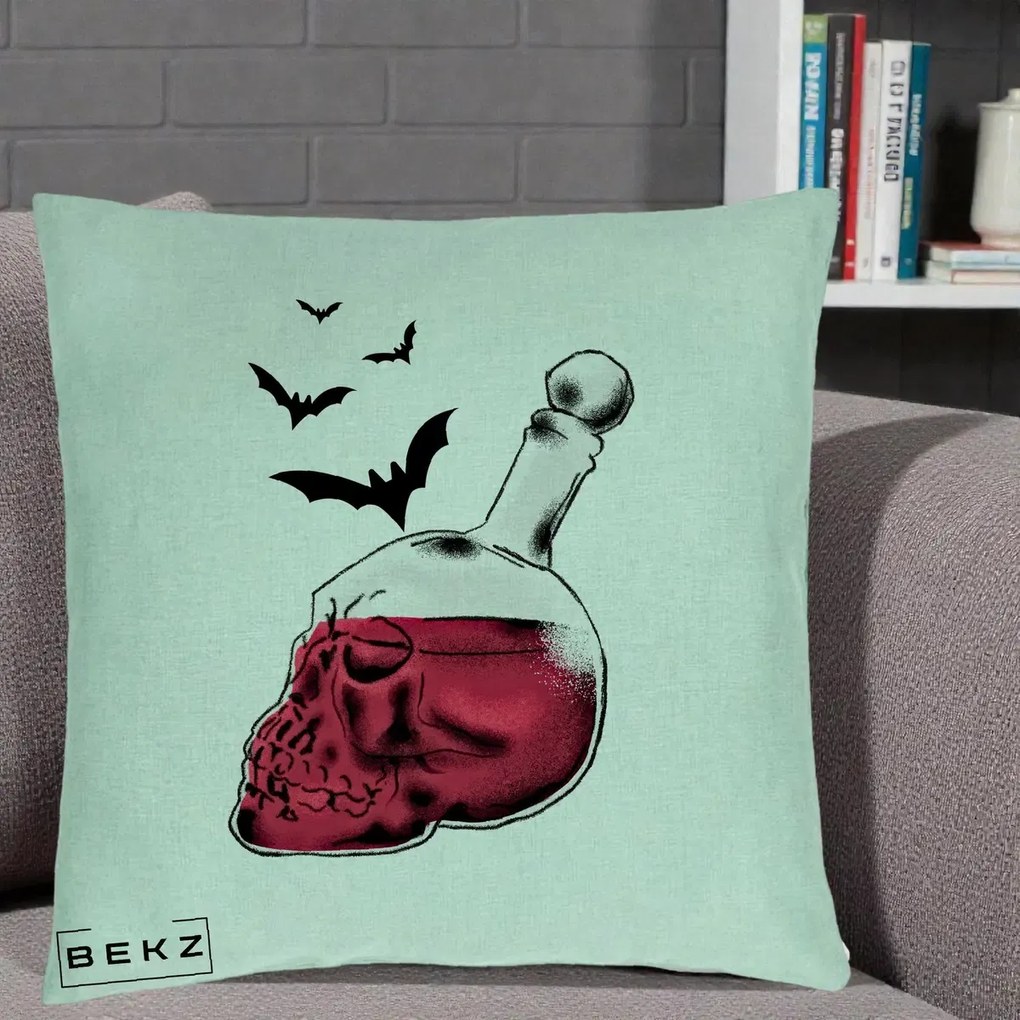 Perna Decorativa Halloween Craniu-Sticla cu Lilieci, 40x40 cm, Verde Menta, Husa Detasabila, Perna Inclusa, BEKZ®