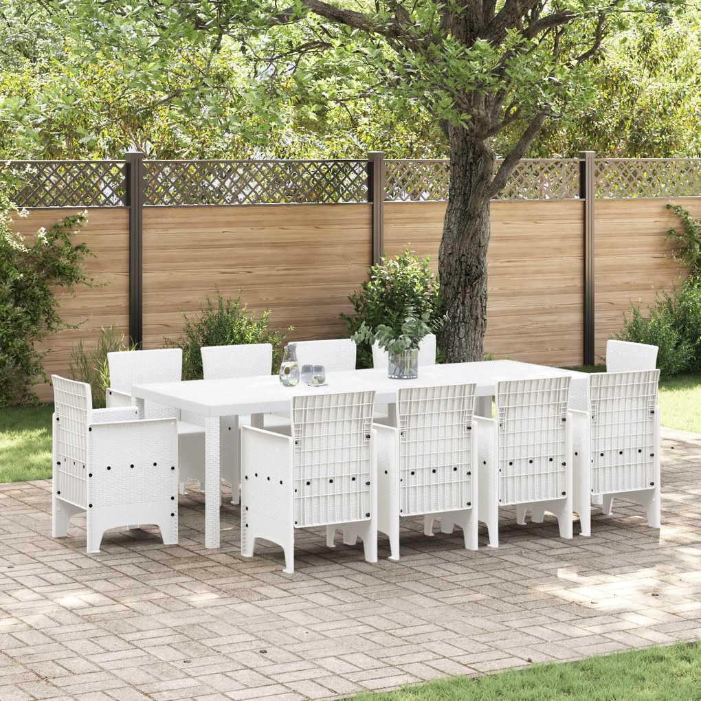 vidaXL Set de masă pentru grădină 11 pcs Alb Ratan Polt