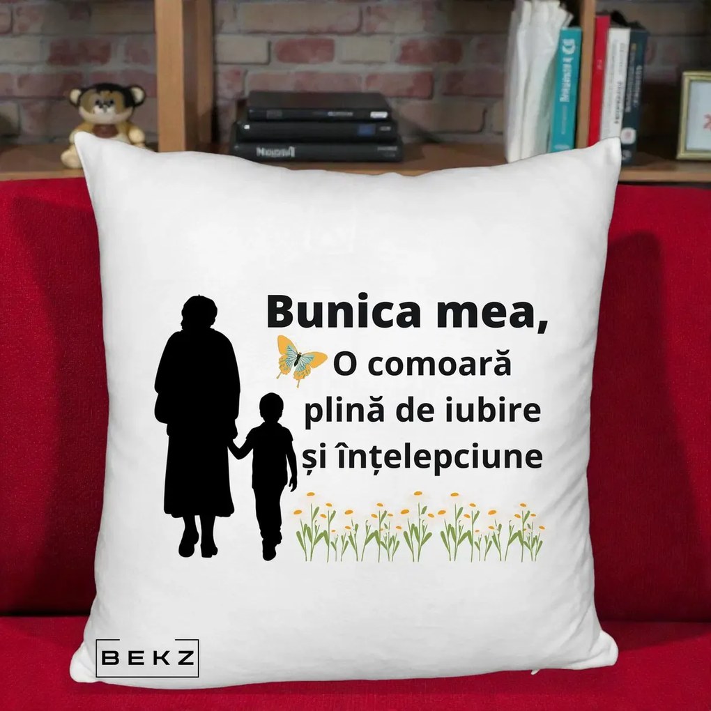 Cadou pentru Bunica - Perna Personalizata Bunica Mea Comoara cu Fluture si Baietel, 40x40 cm, Alb Pufos, Husa Detasabila, Perna Inclusa, BEKZ®