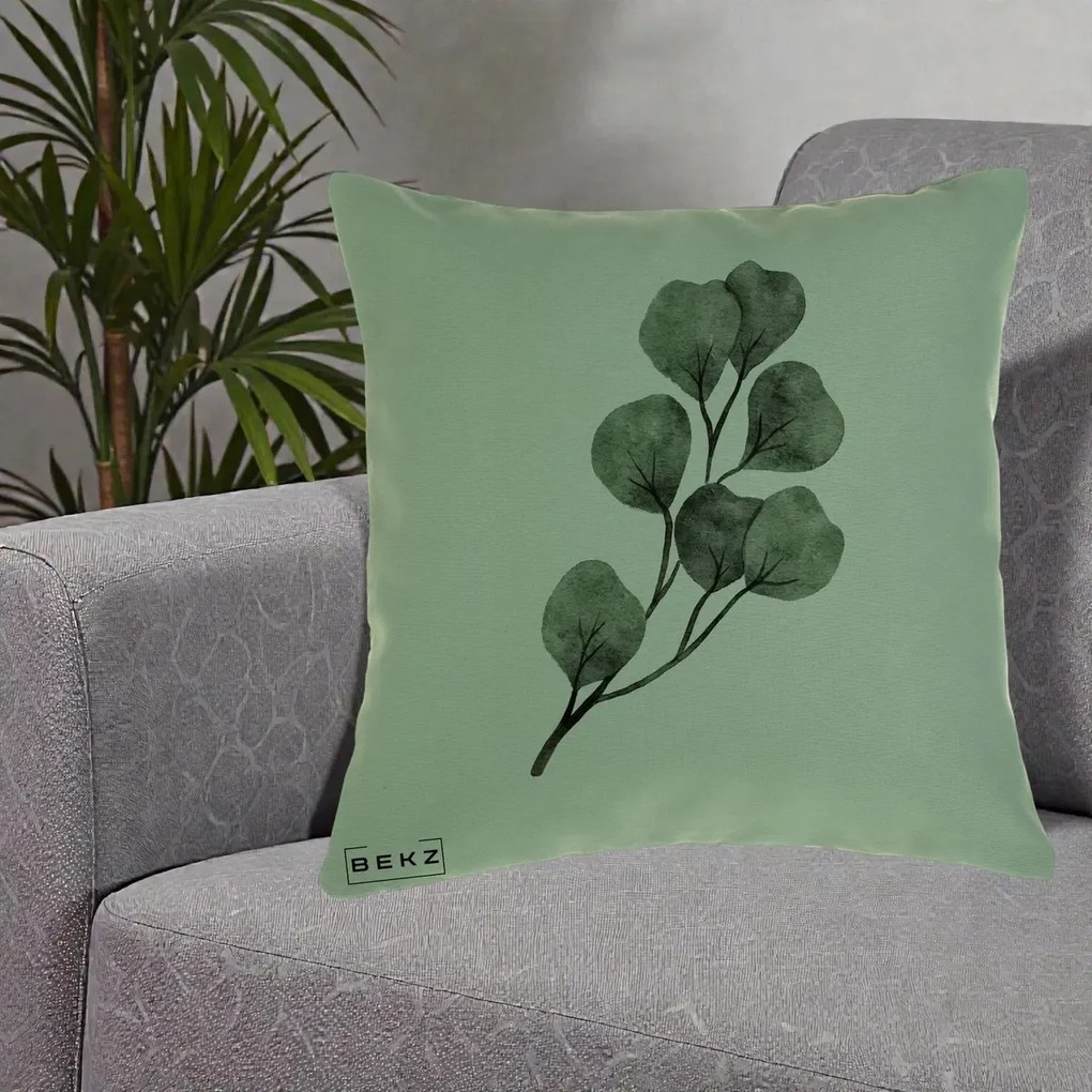 Perna Decorativa Ramura Eucalipt Acuarela, 40x40 cm, Verde, Husa Detasabila, Perna Inclusa, BEKZ®