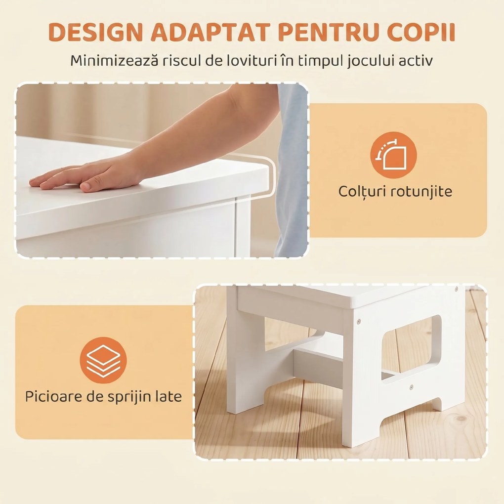 AIYAPLAY Set Masă și Scaun pentru Copii 3-6 Ani din Lemn cu Blat Reversibil, Colțuri Rotunjite, Alb | Aosom Romania
