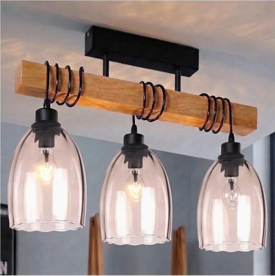 Brilagi - Lustră aplicată WOOD GLASS 3xE27/60W/230V lemn de pin/negru/bej fumuriu