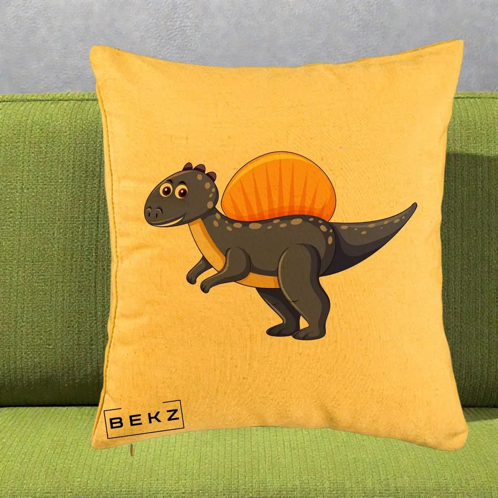 Perna Decorativa Spinozaur Kawaii, 40x40 cm, Galben, Husa Detasabila, Perna Inclusa, BEKZ®
