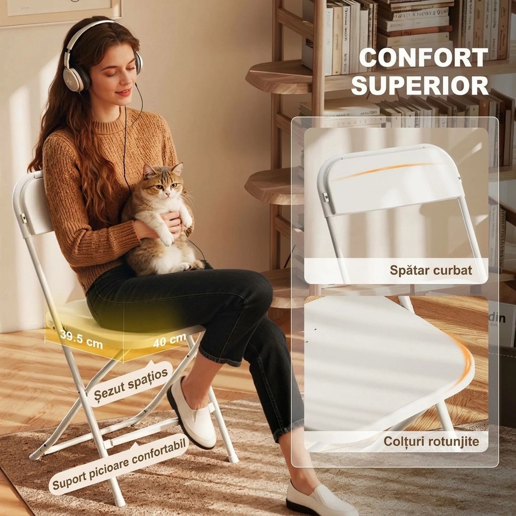 HOMCOM Set de 6 Scaune Pliabile din PP cu Orificii de Drenaj, Scaune Pliabile Salva-Spațiu Portabile din Oțel, Scaun Pliabil de Interior pentru Casă, Birou, Bucătărie, Evenimente, 45x49x79,5 cm, Alb | Aosom Romania