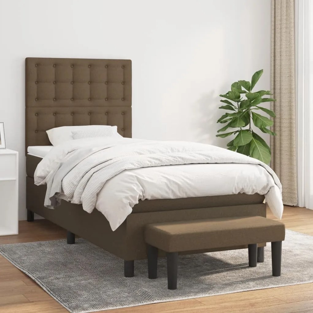 vidaXL Pat box spring cu saltea, maro închis, 90x190 cm, textil