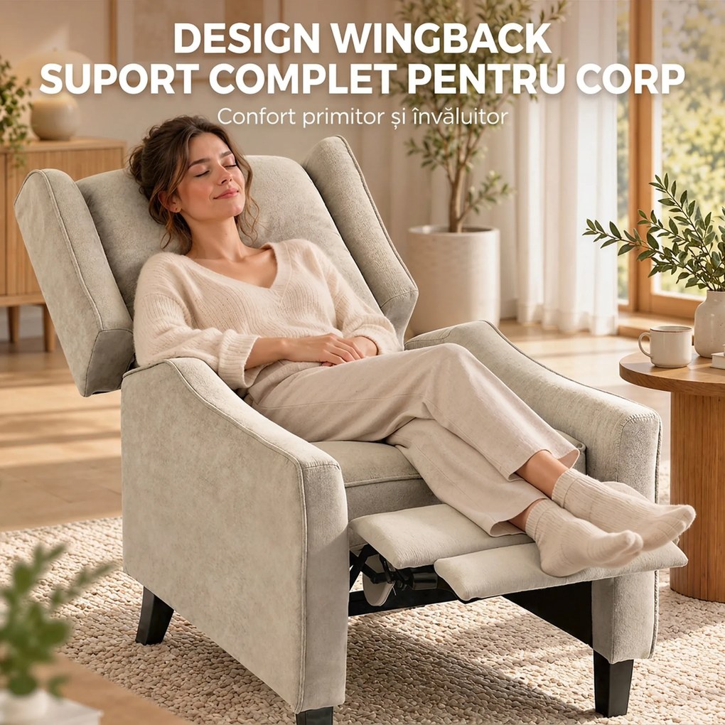 HOMCOM Fotoliu Recliner Manual 155° cu Suport pentru Picioare, Șezut Gros, Material Tip In, Maro Deschis | Aosom Romania