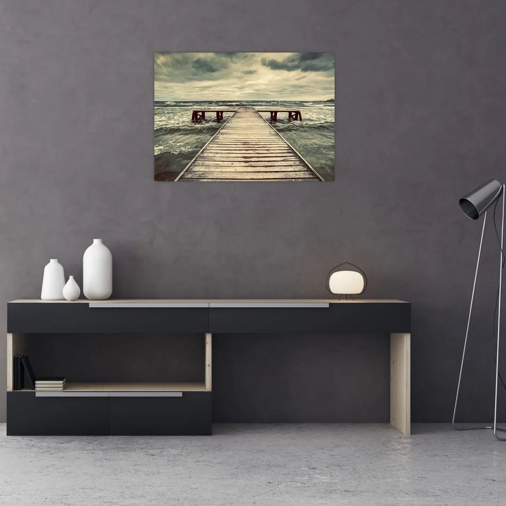Tablou pe sticlă cu dig din lemn la mare (70x50 cm)