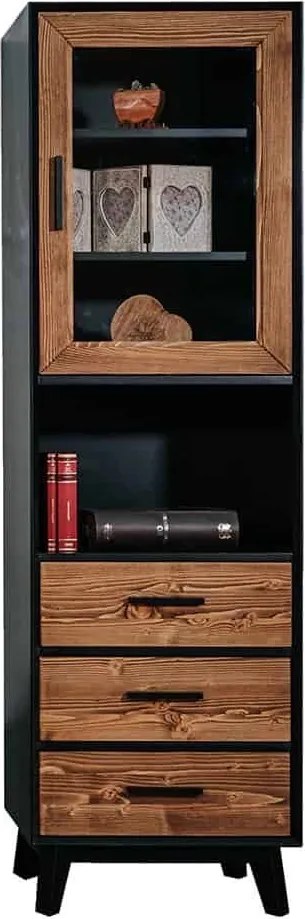 Vitrină lemn masiv Timeless 3 Sertare 1 Ușă 1 Nișă Negru, 55 × 45 × 190 cm - Usă de sticlă