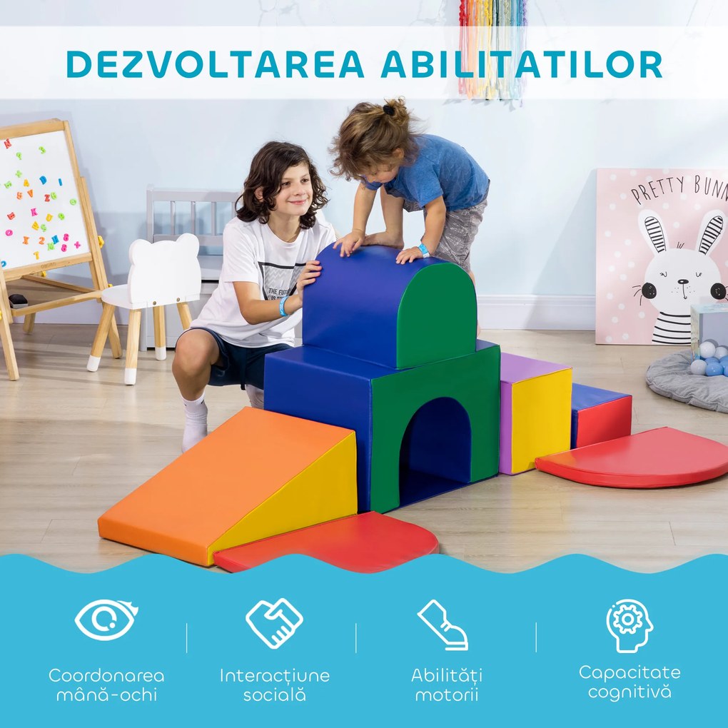 HOMCOM Set de Joc pentru Copii 1-3 Ani cu 7 Blocuri Multicolor în PU și EPE, 170x130x40 cm | Aosom Romania
