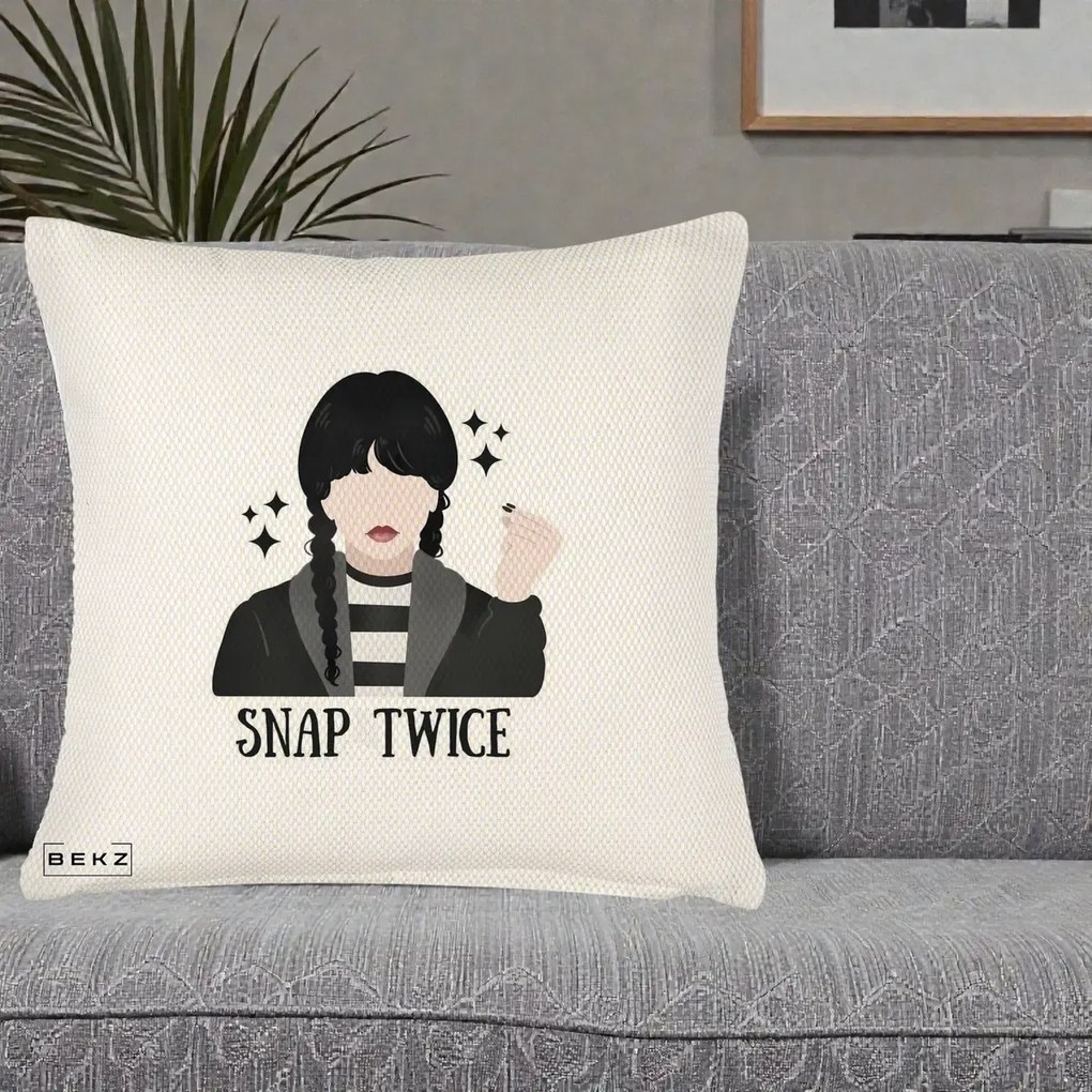 Perna Personalizata Wednesday Snap Twice, 40x40 cm, Crem Reliefat, Husa Detasabila, Perna Inclusa, BEKZ®