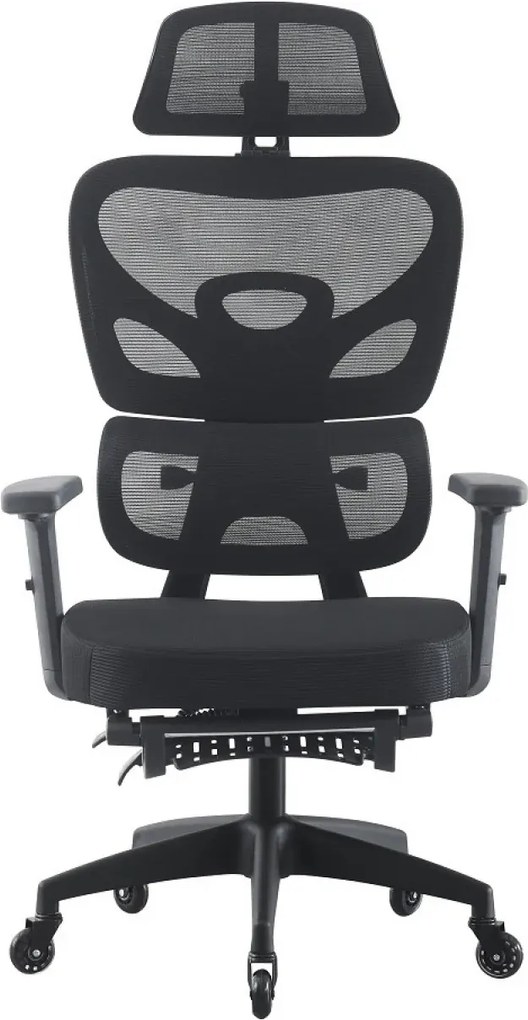 RESIGILAT- Scaun ergonomic, cotiere 3D, suport lombar adaptiv, spătar reglabil pe inaltime, tetiera 3D, suport pentru picioare, pivotant, Mesh, Negru