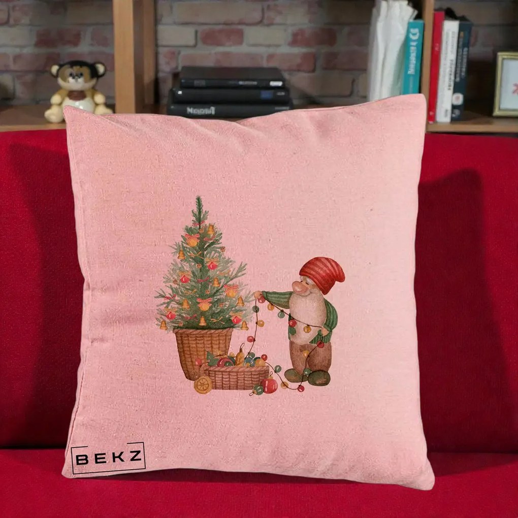 Perna Decorativa Pitic de Craciun cu Brad, 40x40 cm, Roz, Husa Detasabila, Perna Inclusa, BEKZ®