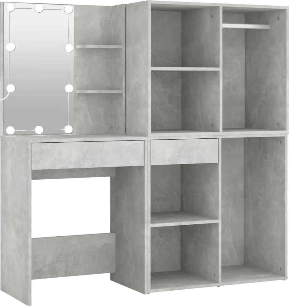 vidaXL Masă toaletă cu LED/2 dulapuri, gri concret, lemn prelucrat
