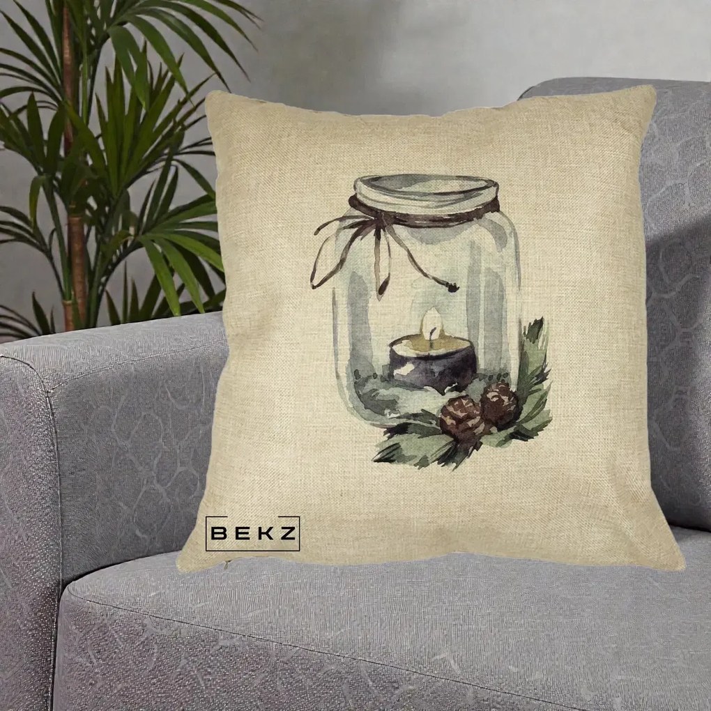Perna Decorativa Felinar cu Lumanare si Conuri, 40x40 cm, Crem, Husa Detasabila, Perna Inclusa, BEKZ®