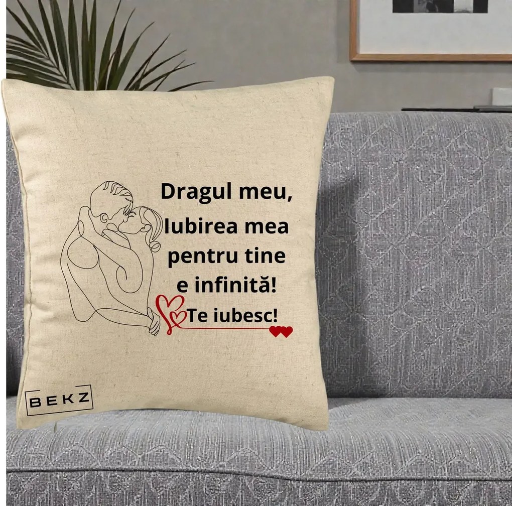 Cadou pentru Iubit - Perna Personalizata Dragul Meu Iubirea Mea pentru Tine e Infinita Te Iubesc, 40x40 cm, Bej, Husa Detasabila, Perna Inclusa, BEKZ®