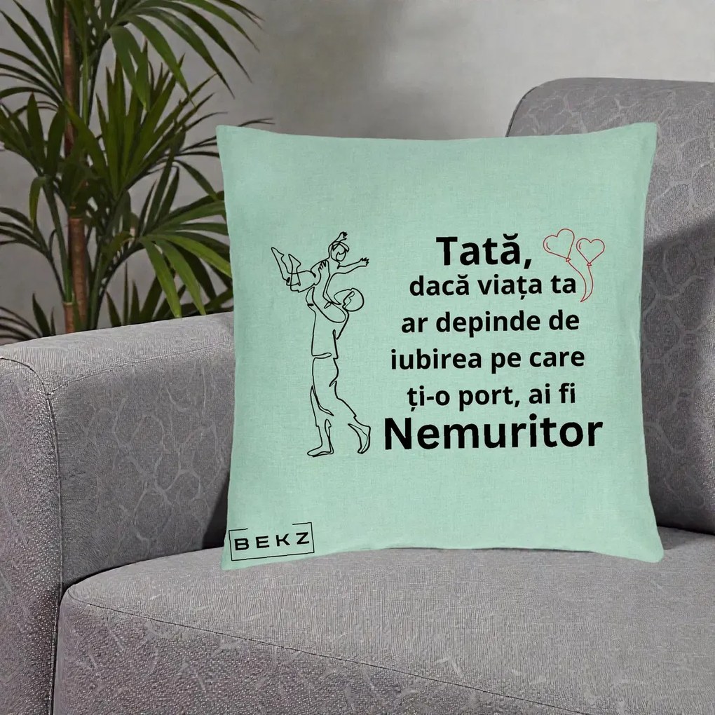 Cadou pentru Tata - Perna Personalizata Tata Nemuritor Joaca in Aer, 40x40 cm, Verde Menta, Husa Detasabila, Perna Inclusa, BEKZ®