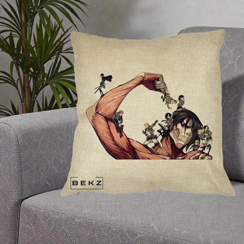 Perna Personalizata Attack on Titan Eren Titan Grup, 40x40 cm, Crem, Husa Detasabila, Perna Inclusa, BEKZ®