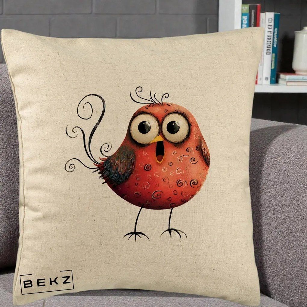 Perna Decorativa Pasare Rosie Exuberanta cu Spirale, 40x40 cm, Bej, Husa Detasabila, Perna Inclusa, BEKZ®