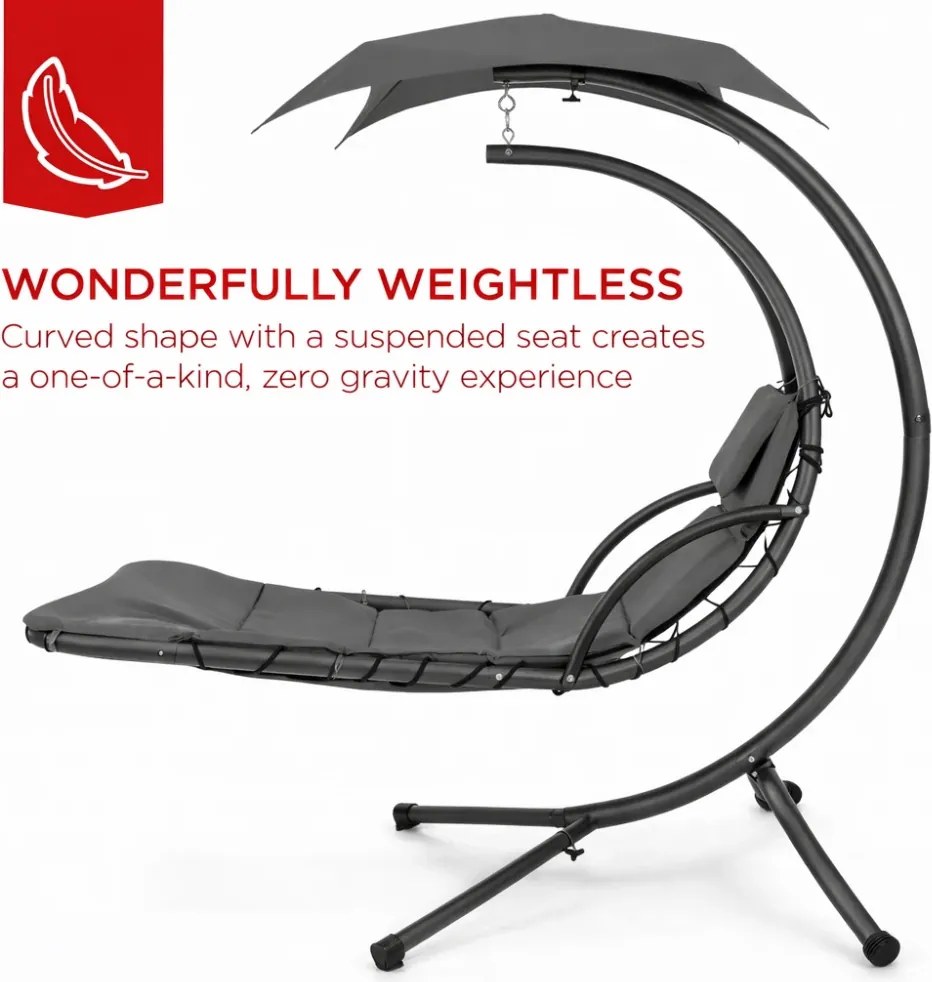 Șezlong suspendat din oțel, cu pernă încorporată, baldachin detașabil, Gri