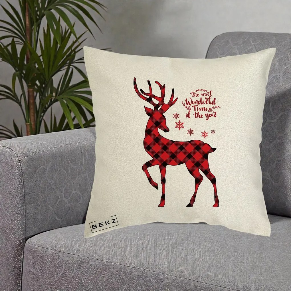 Perna Decorativa Ren Buffalo Plaid Craciun, 40x40 cm, Ecru, Husa Detasabila, Perna Inclusa, BEKZ®