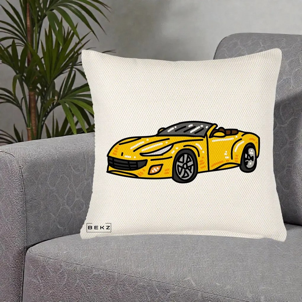 Perna Personalizata Masina Cabriolet Galbena Grafic, 40x40 cm, Crem Reliefat, Husa Detasabila, Perna Inclusa, BEKZ®