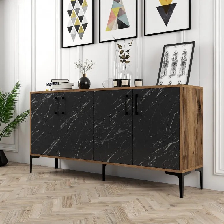 Consola Kiev160 Walnut-Negru Marble