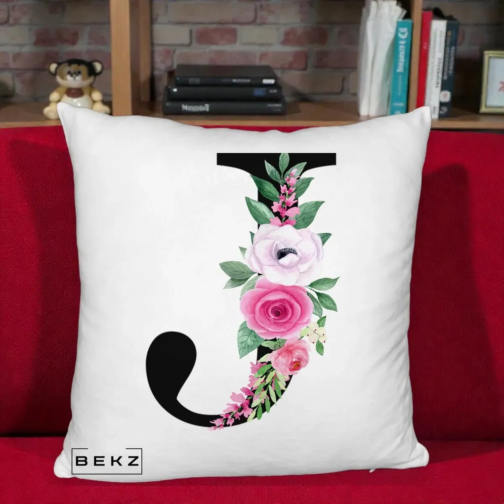 Cadou Personalizat - Perna Personalizata Monograma Florala Litera J, 40x40 cm, Alb Pufos, Husa Detasabila, Perna Inclusa, BEKZ®