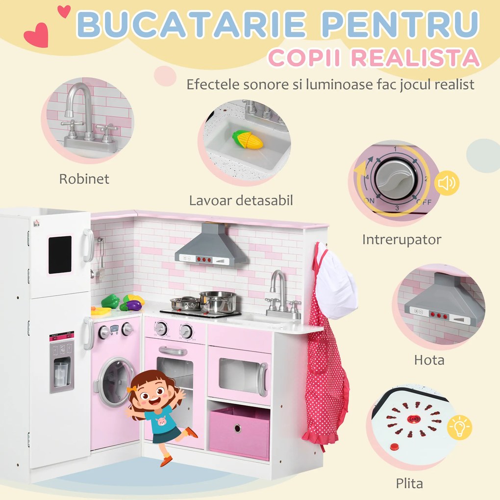 Bucatarie de jucarie pentru copii 3-6 ani cu lumini realiste si ustensile de bucatarie, MDF si PP, 84x93,5x85cm alb si roz HOMCOM | Aosom Romania