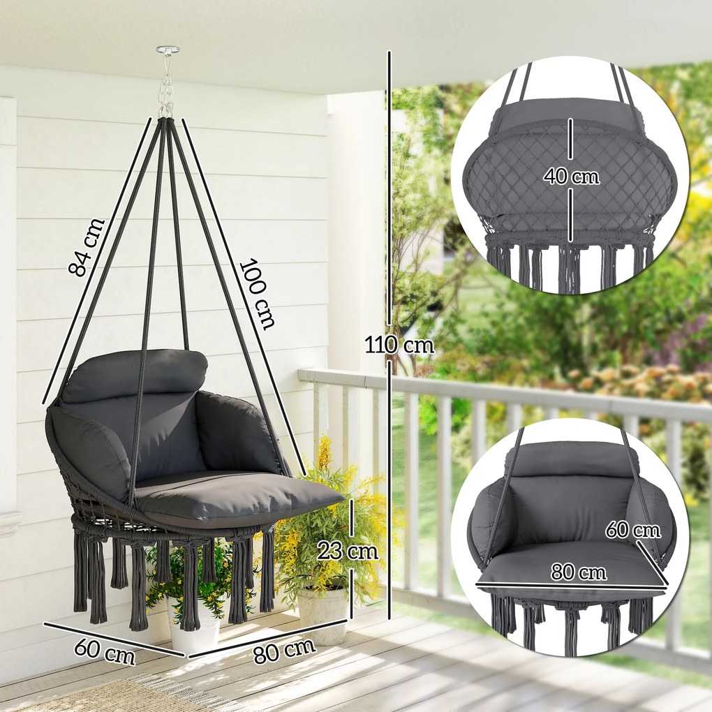 Outsunny Scaun suspendat cu pernă mare umplută hamac fotoliu suspendat cu franjuri kit de suspendare 80 x 60 x 40 cm gri închis | Aosom Romania