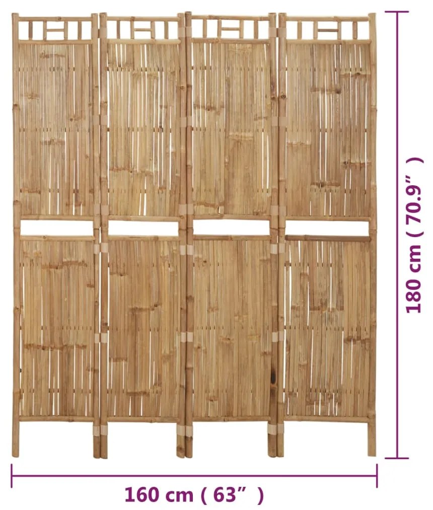 Paravan de camera cu 4 panouri, 160 x 180 cm, bambus 160 x 180 cm, 1